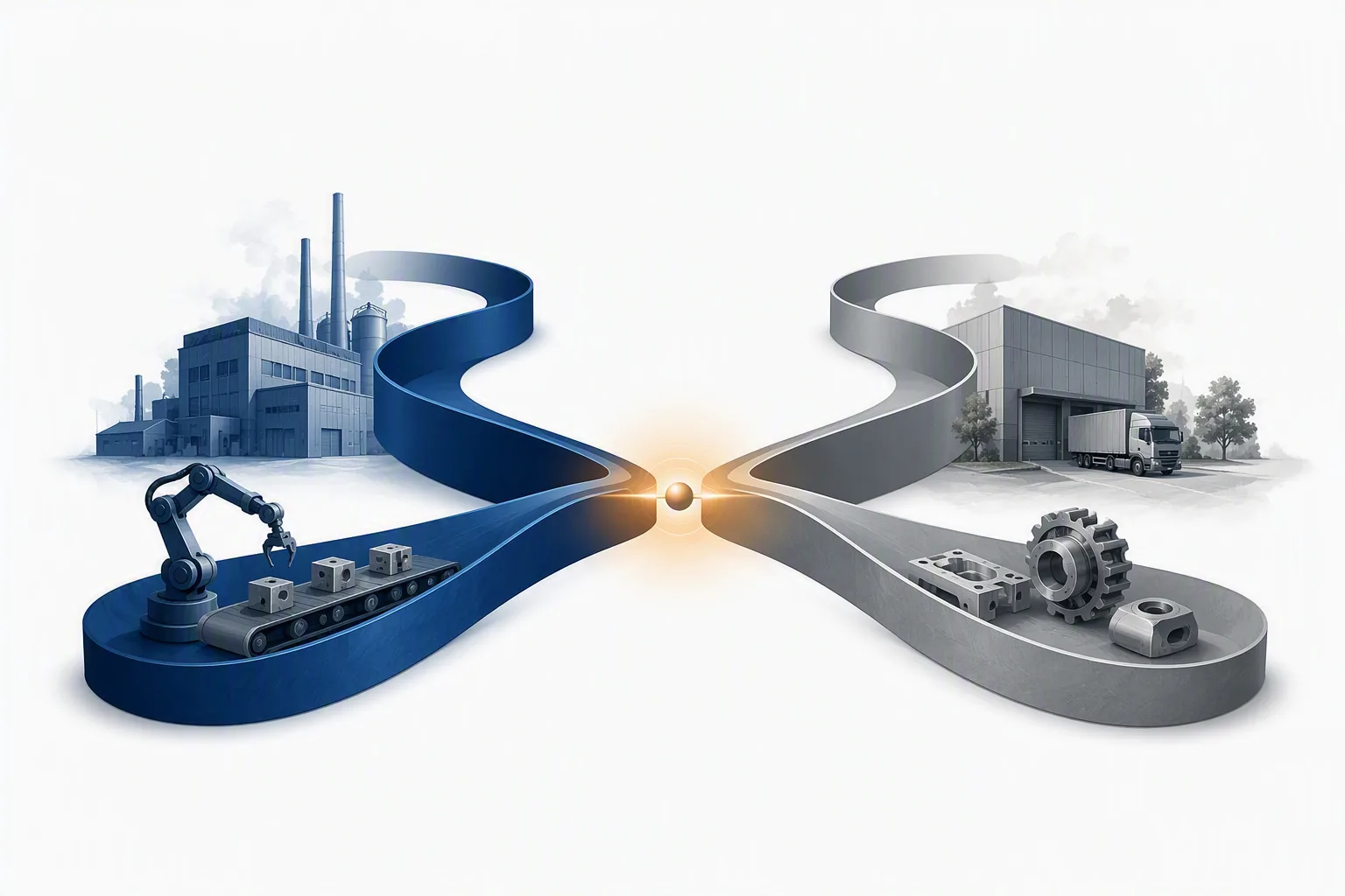 Illustration de deux flux reliés symbolisant la coordination entre production et prestataire logistique in-situ
